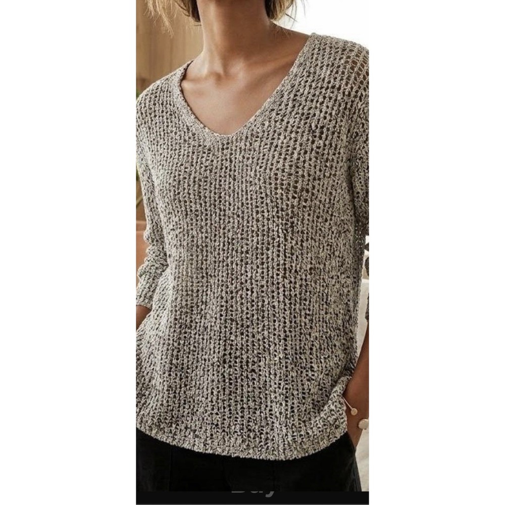 EILEEN FISHER Open Knit Sweater Women XLarge V-Neck Marled Cotton Cottage Gray